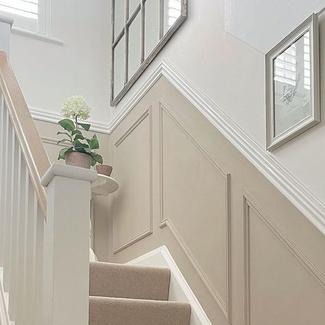 Alice | Classic interiors on Instagram: "Transformation Tuesday ➡️ Swipe to the end to see the best photo of my hallway! The hallway has had quite a few lives. I removed the awful carpet and changed the solid banister for spindles which really let much more light in. Lighter coloured paint and some panelling has also really improved this space. My more recent addition is the Pimilico collection carpet from @cormarcarpets in Madeira. I just had to get rid of all the grey and I hated the str Painted Stair Rails Banisters, Panelled Landing, Stair Panelling Colour Ideas, Grey Staircase Panelling, Stairs Wood Panelling, Colourful Banister Ideas, Panelled Hallway Stairs Colours, Panelled Staircase With Handrail, Paneling Staircase