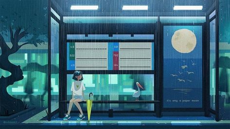 Sitting In Rain, Wish You The Same, Paper Moon, Cartoon Background, Visual Development, Bus Stop, Environment Design, Love Painting, Light Painting