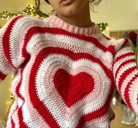 Valentine’s Day sweater, crochet, sweater, heart pattern, heart sweater, crochet sweater, aesthetic sweater Heart Sweater Crochet, Crochet Sweater Aesthetic, Crochet Heart Sweater, Crochet Valentine Patterns, Sweater Aesthetic, Crochet Sweater Design, Crochet Cardigan Pattern Free, Valentines Crochet, Kawaii Crochet