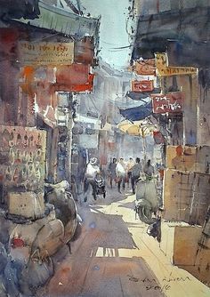 Direk Kingnok Watercolor artist Sampeng Market, Bangkok 36 x 50 cm. Direk Kingnok, Watercolor Indian, Watercolor City, Watercolor Architecture, Water Colours, Loose Watercolor, Local Market, 수채화 그림, Watercolor Artists