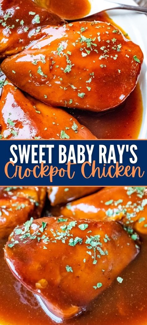 Sweet Baby Ray\'s Crockpot Chicken Bar B Q Chicken Crockpot, Crock Pot Bar B Que Chicken Recipes, Chicken Breast In Crock Pot, Crockpot Bbq Chicken Breast, Sweet Baby Rays Bbq Chicken, Crockpot Barbecue Chicken, Sweet Baby Rays Crockpot Chicken, Crockpot Snacks, Crockpot Favorites