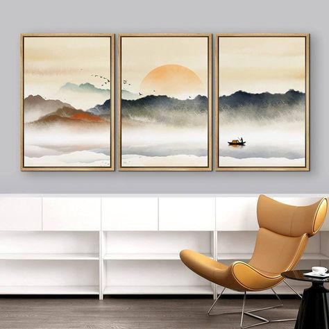 Misty Ocean, Ocean Mountain, Landscaping With Roses, Birds In The Sky, 3 Piece Painting, Chinese Landscape, Rising Sun, Picture Frame Wall, Canvas Home