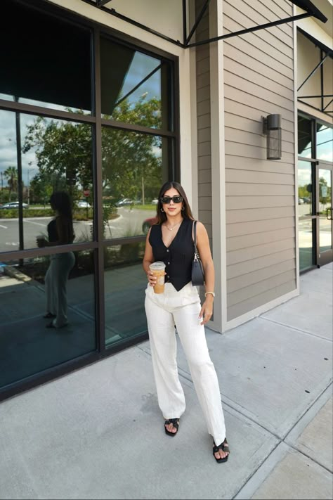 White Trouser And Vest Outfit, Trendy Beige Vest, Old Money Vest Outfit, Beige Formal Pants Outfit, Linen Vest And Pants Outfit, Old Money Outfits Black Pants, Black Linen Vest Outfit, White Pants Black Top Outfit, Chic Beige Vest For Day Out