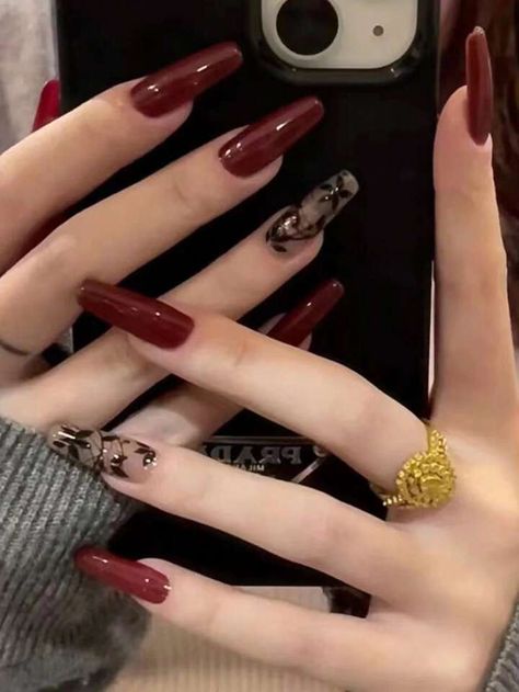 Cute Prom Nails For Black Dress, Almond Nails Designs Dark Red, Dark Red Almond Nails Designs, Nail Ideas Dark Red, Dark Red Nails With Design, Dark Red Nail Designs, Long Press On Nails, Red Acrylic Nails, Almond Nail