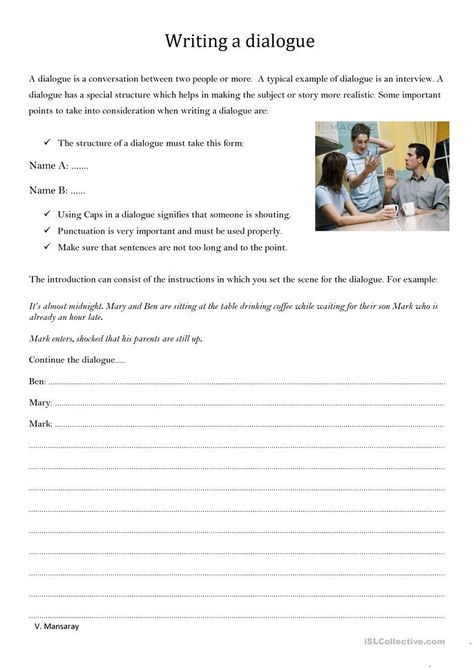 Writing a dialogue - English ESL Worksheets for distance learning and physical classrooms Dialogue Writing Worksheets, Dialogue Worksheet, Dialogue Rules, Punctuating Dialogue, Dialogue Writing, Conversation Between Two People, Writing Pictures, Algebra Worksheets, Writing Exercises