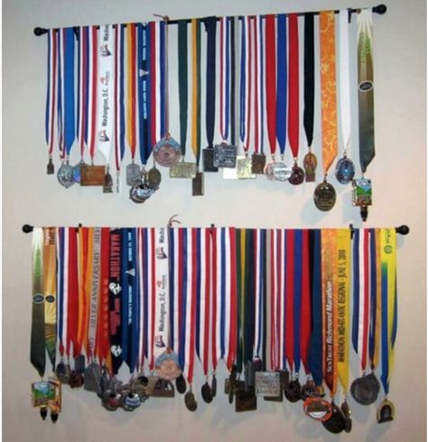 hanging metals Race Medal Displays, Running Medal Display, Ribbon Display, Trophy Display, Race Medal, Running Medals, Award Display, Medal Holders, Medal Display