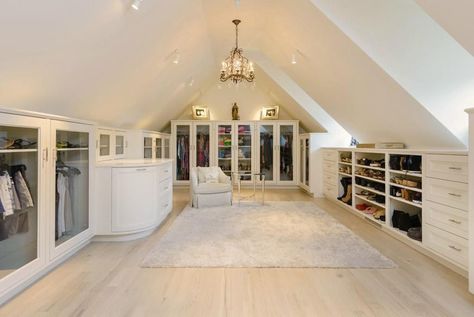 Walk in closet with arched ceiling crystal chandelier and European oak floors Attic Walk In Closet, Attic Renovation Ideas, Dressing Design, Attic Closet, Walking Closet, Walk In Closet Design, Small Attic, Attic Room, Attic Bathroom