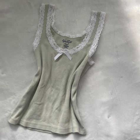 ☆ lace tank ☆

light sage cami with white satin bow... - Depop Ribbon Tank Top, Sage Green Top, Clothing Aesthetics, Lace Cami Top, John Galt, Lace Cami, Satin Bow, Green Lace, Lace Shirt