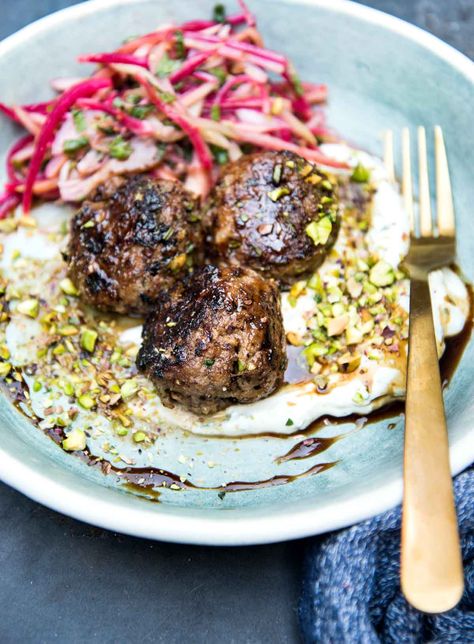 Pomegranate-Glazed Lamb Meatballs with Radish-Rhubarb Slaw and Spiced Yogurt - WILD GREENS & SARDINES Lasagna Bread, Pomegranate Lamb, How To Cook Rhubarb, Smoked Salmon Frittata, Fat Burning Fruits, Meatball Dinner, Glazed Meatballs, Watermelon Radish, Lamb Meatballs