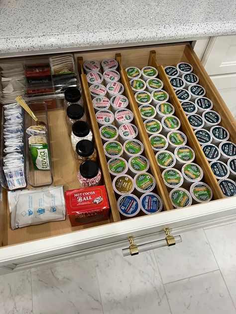 kitchen organization, drawer organization, home organizing, organizing ideas, drawer dividers, coffee station, coffee drawer Keurig Coffee Organization, Coffee Drawer Ideas, Coffee Pod Drawer Organization, Coffee Bar Drawer Organization, Tea And Coffee Organization, Rv Coffee Station, Coffee Drawer Organization, Kitchen Organization Drawer, Organising Kitchen