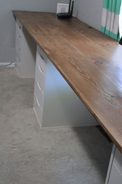 Built In Desk On A Budget, Diy Desk With Butcher Block Top, Plywood Desk Top Home Office, Diy Wood Top Desk, Butcher Block Office Desks, How To Make A Wood Desk Top, Diy Large Office Desk, Diy Desk Countertop, Butcher Block Desk With Filing Cabinets