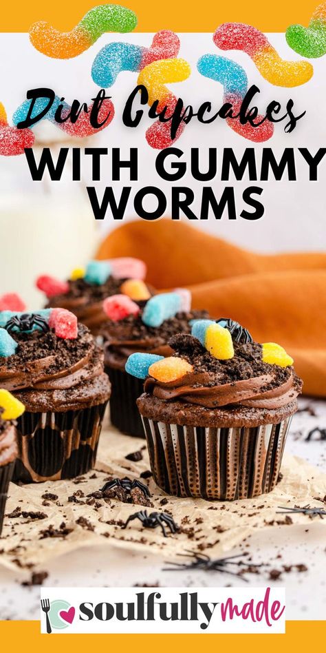 Image closeup of dirt cupcakes with Gummy worms for Halloween or any party Dirt Cupcakes With Worms, Dirt Cupcakes, October Recipes, Garden Cupcakes, Oreo Dirt, Gummy Worm, Moist Cupcakes, Chocolate Cream Cheese Frosting, Dirt Cake