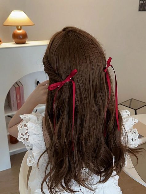 2pcs Women's Burgundy Polyester Woven Ribbon Bow With Silk Ribbon Hair Clip, Sweet And Cute Hair Decoration With Streamers For Daily Use, Hair Accessories Set | SHEIN USA Small Bows In Hair, Hair With Red Ribbon, Double Bow Ribbon, Red Ribbon Hair, Mindful Christmas, Red Bow Hair, Red Hair Ribbon, Hair Clip Ins, Red Hair Clips