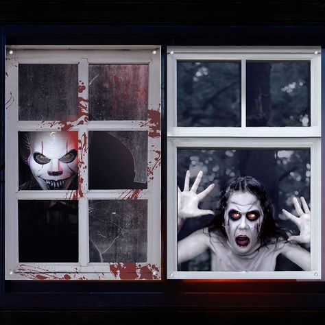 PRICES MAY VARY. Spooky Atmosphere: Transform your indoor space into a haunted house with these Halloween decorations. The eerie design featuring female ghost and clown ghost images adds a spine-chilling ambiance to any room or porch Versatile Usage: These window curtains are not just for windows! Use them as door covers, wall decorations, or even as backdrop curtains for Halloween parties. Their removable and reusable design makes them perfect for adding a touch of horror to any space High Qual Halloween Decorations Door, Halloween Cubicle, Halloween Decorations Party Scary, House Scary, Vampire Decor, Halloween Curtains, Halloween Window Clings, Halloween Photo Booth, Haunted House Props