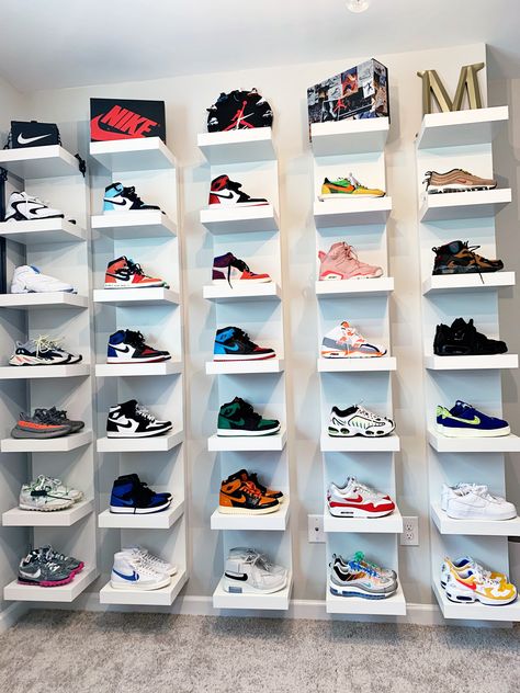 #ikeahack #sneakerhead Sneaker Boxes On Wall, Room Ideas Aesthetic Sneakerhead, Sneaker Box Shelves, Nike Shoe Box Wall, Room Decor Sneakerhead, Sneaker Rack, Black Shoe Rack, Small Shoe Rack, Shoe Rack With Seat