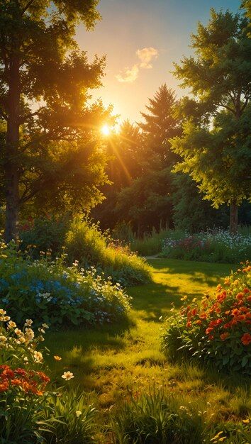 Landscape Scenery Paintings, Nature Landscape Wallpaper Desktop, Sunset With Flowers, Flowers In Sunset, Sun Scenery, Sunrise Photography Nature, Garden With Flowers, Sunset Garden, Beautiful Paintings Of Nature