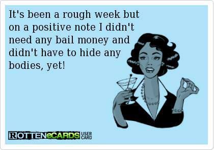 It's been a rough week but on a positive note, I didn't need bail money and didn't have to hide any bodies, YET. Sarcastic Ecards, Bail Money, Life Quotes Love, Memes Sarcastic, Positive Notes, E Card, Ecards Funny, Work Humor, Guys Be Like