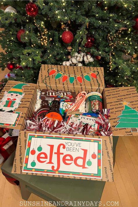 College Gift Boxes, Care Package Decorating, You've Been Elfed, Holiday Care Package, College Gift Baskets, Diy Christmas Home Decor, Dorm Gifts, Christmas Care Package, Missionary Care Packages