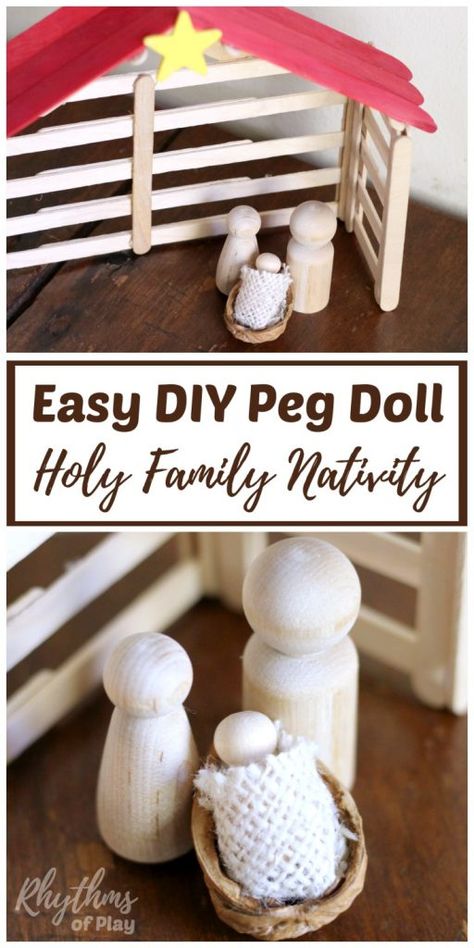 Learn how to make this beautiful easy DIY wooden peg doll holy family nativity scene to display as home decor this season. A simple Christmas craft idea for both kids and adults that will add a touch of magic to your holiday decorations. A Simple Christmas, Diy Wainscoting, Wood Wall Art Diy, Martha Stewart Crafts, Diy Headboards, Easy Christmas Crafts, Peg Doll, Wooden Pegs, Holy Family