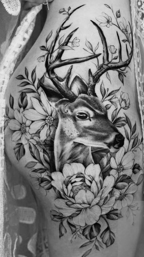 Deer Tattoos For Women, Hirsch Tattoo Frau, Buck Tattoo, Deer Tattoos, Deer Head Tattoo, Deer Tattoo Designs, Stag Tattoo, Side Thigh Tattoos, Hunting Tattoos