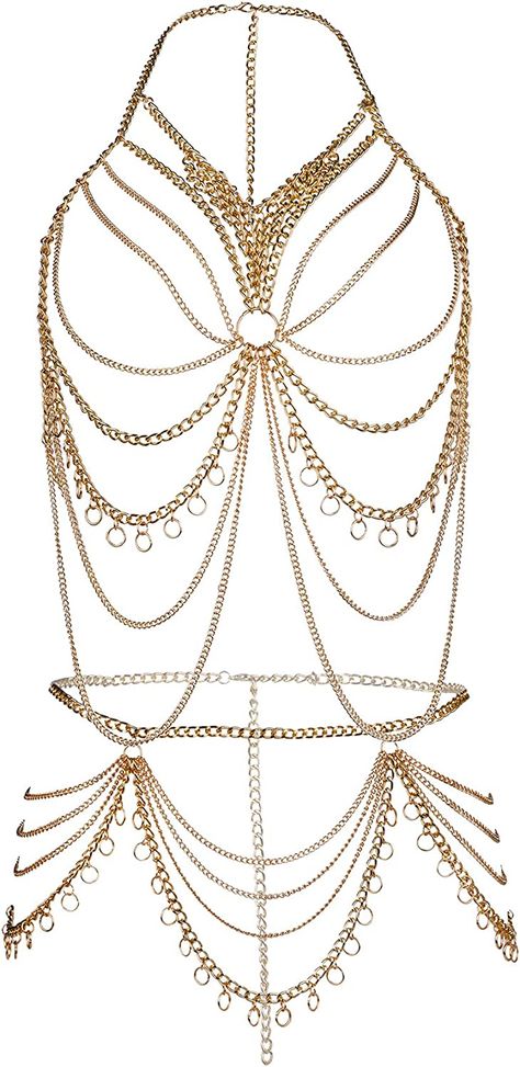 Elegant Body Jewelry, Full Body Jewellery, Satyr Character, Body Chain Outfit, Body Chain Jewelry Outfit, Gold Body Chain Jewelry, Body Chain Fashion, Full Body Chain, Chain Outfit