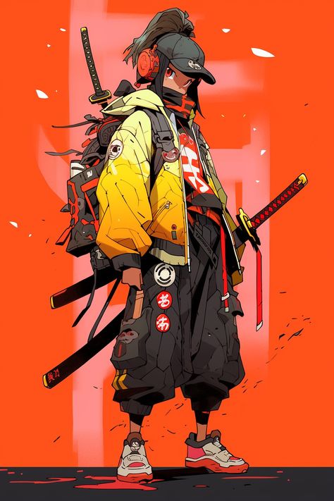 Samurai Ayame Streetwear Character Art, Samurai Streetwear, Future Samurai, Neo Samurai, Tech Ninja, Modern Samurai, Cyberpunk Character Design, Cyberpunk Samurai, Samurai Concept