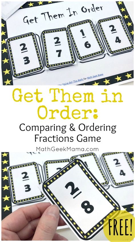 Challenge kids and strengthen their fraction sense with this comparing fractions game. Get Them in Order is a fun way to review all sorts of fraction skills, such as simplifying fractions, comparing fractions and ordering fractions. Grab the game FREE from Math Geek Mama! Math College, Easy Math Games, Ordering Fractions, Geek House, Simplifying Fractions, Fraction Games, Comparing Fractions, Teaching Fractions, Fraction Activities