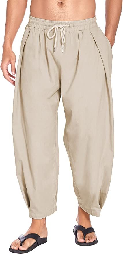 Amazon.com: COOFANDY Men's Cotton Linen Harem Pants Drawstring Casual Cropped Trousers Lightweight Loose Beach Yoga Pants with Pockets : Clothing, Shoes & Jewelry Drawstring Trousers Men, Linen Capri Pants, Mens Linen Shorts, Linen Beach Pants, Linen Harem Pants, Mens Gym Shorts, Casual Summer Pants, Casual Linen Pants, Mens Chino Pants