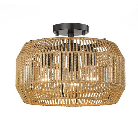 Rosecliff Heights Besmir Rattan Semi Flush Mount | Wayfair Rattan Light, Black Ceiling Lighting, Golden Lighting, Incandescent Lamp, Ceiling Fan Chandelier, Organic Materials, Flush Mount Lighting, Rustic Elegance, Lamps Plus