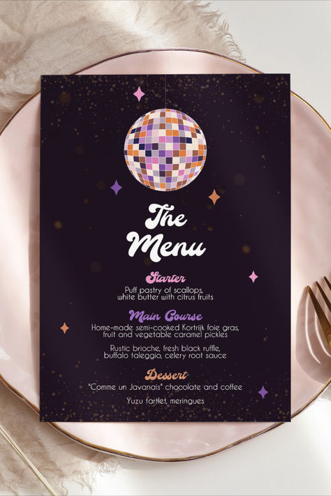 Retro Dinner, Disco Theme, Orange Party, Holiday Dinner Party, Party Bachelorette, Party Menu, Retro Party, Disco Party, Menu Template