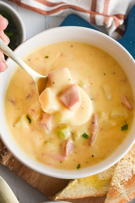 Cheesy Ham and Potato Soup • Dance Around the Kitchen Ham And Potato Soup Crockpot, Potato Soup Ham, Potato Soup Crockpot, Cheesy Ham And Potato Soup, Cheesy Potato Soup Easy, Soup Ham, Egg And Cheese Casserole, Ham And Noodle Casserole, Dance Around The Kitchen