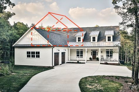 Adding A Garage To The Front Of A House, Perpendicular Garage Addition, 2 Story Attached Garage Addition, Second Story Garage Addition, Adding Garage To Front Of House, Garage Addition To House, Garage Perpendicular To House, L Shaped Addition Exterior, Garage On Front Of House