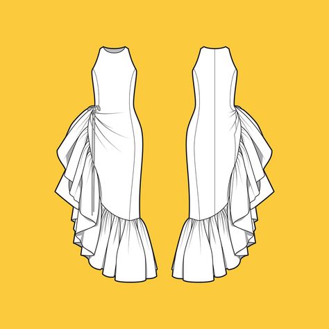 Gown Technical Drawing, Ruffles Flat Sketch, Dress Ruffles Drawing, Ruffle Technical Drawing, How To Draw Ruffles On A Dress, Ruffle Illustration, Flat Sketches Dress, Dress Flat Drawing, Dress Flat Sketch