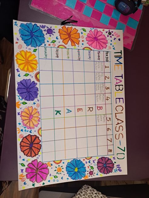 Class Time Table Chart Ideas Aesthetic, Time Table Decoration Ideas For School, Creative Time Table For School, Class Time Table Chart Ideas, Time Table Chart Ideas, Time Table Chart Ideas For Classroom, Time Table Design School Chart, Timetable Ideas For Classroom, Table Chart Ideas