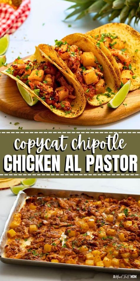 Made with juicy tender chicken, and caramelized pineapple, this easy sheet pan chicken al pastor recipe gets a flavorful meal on the table in under an hour. It is perfect for tacos, burritos and more! Chicken Al Pastor Crockpot, Chicken Al Pastor Tacos, El Pastor Chicken Recipe, Pastor Chicken, El Pastor Chicken, Al Pastor Chicken Recipe, Chipotle Chicken El Pastor Recipe, Chicken Al Pastor Recipe Slow Cooker, Chicken Pastor