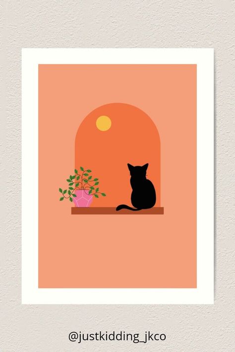 Decorate your home and your bedroom with this art print that depicts a cat sitting on a window ledge as it looks up at the orange sunset sky. #artprints #minimalism #minimalisticart #minimalisticartprints #artprint #minimalism #cat #abstractmodernism #abstract #minimalist #deco #decor #homedeco #homedecor Bedroom Art Minimalist, Cat Prints Art, Minimalist Cat Painting, Boho Cat Art, Minimalist Art Abstract Simple, Diy Cat Painting, Cat Painting Ideas On Canvas, Minimalistic Painting Ideas, Cat Illustration Simple