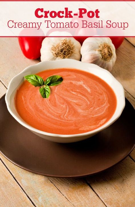 Crock-Pot Creamy Tomato Basil Soup - This recipe for Crock-Pot Creamy Tomato Basil Soup is delicious and so easy to make. Plus it is vegetarian too if you want it to be! A great soup to go with a grilled cheese sandwich! [Weight Watchers Friendly + Gluten Free, Low Calorie, Low Carb, Low Fat, Low Sugar & Vegetarian] #CrockPotLadies #CrockPot #SlowCooker #Soup #SoupRecipes #TomatoSoup #HealthyRecipes Creamy Tomato Basil Soup Crockpot, Weight Watchers Tomato Basil Soup, Crock Pot Tomato Basil Soup, Tomato Basil Soup Crockpot, Crockpot Tomato Basil Soup, Crockpot Tomato Soup, Tomato Soup From Scratch, Basil Soup Recipe, Crockpot Lunch