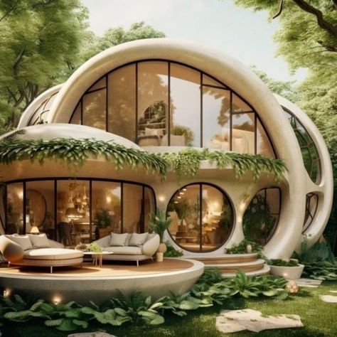 House In Nature Architecture, Round Architecture Design, Round Houses Architecture, Unique Home Design Architecture, Round House Exterior, Types Of Architecture Styles, Organic Architecture House, Tranquil Architecture, Round House Design