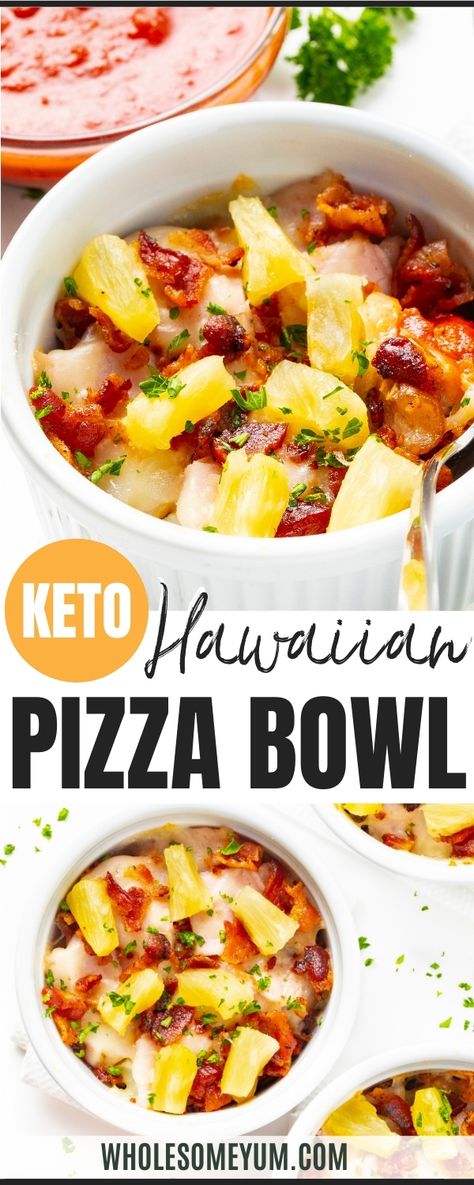 Hawaiian Keto Pizza Bowl Recipe Cauliflower Pizza Bowl, Keto Pizza Bowl, Pizza Bowl Recipe, Pizza In A Bowl, Low Sugar Diet Recipes, Pizza Bowl, Wholesome Yum, Easy Cauliflower, Keto Pizza