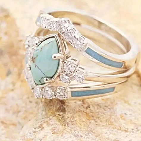 Turquoise Diamond Rings, Ring Settings Types, Turquoise Crystal, Band Jewelry, Finger Rings, Turquoise Rings, Cz Ring, Natural Turquoise, Types Of Rings