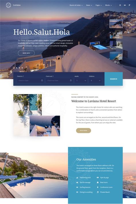 Hotel Booking Template for WordPress: Luviana- MotoPress Hotel Website Design, Hotel Booking Website, Travel Website Design, Ui Design Mobile, Web Design Mobile, Booking Website, Webdesign Inspiration, Luxurious Hotel, Hotel Website