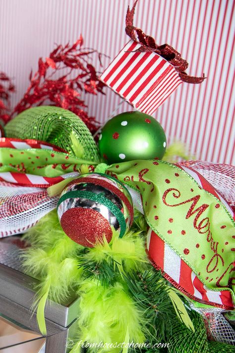 Grinch Garland Deco Mesh, Grinch Fireplace Garland, Grinch Christmas Garland Diy, Whoville Garland, Grinch Mantle, Grinch Mantle Decor, Grinch Garland Diy, Grinch Garland, Grinch Christmas Ideas