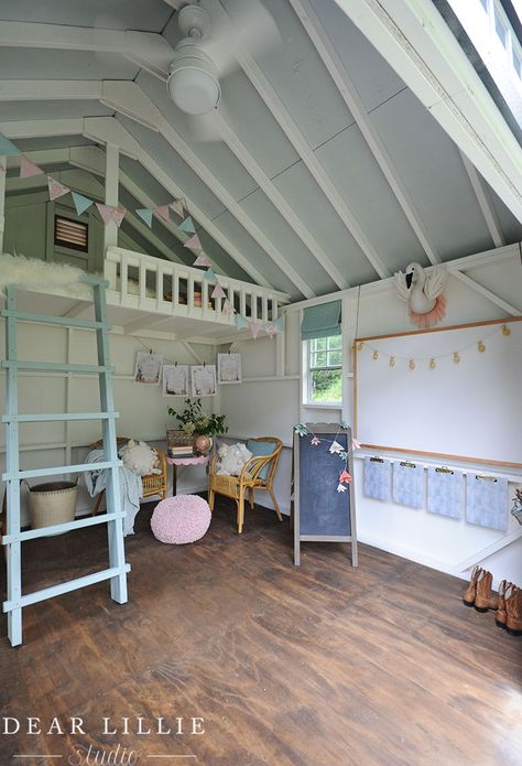 Turning A Shed Into A Playhouse, Shed Converted To Playhouse, Playhouse Shed Ideas, She Shed Playhouse, Farmhouse Playhouse Interior, Convert Shed To Playhouse, Kids Playhouse Decorating Ideas, Inside Outdoor Playhouse Ideas, Shed Playhouse Ideas