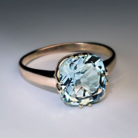 Vintage Russian Cushion Cut Aquamarine Gold Ring - Antique Jewelry | Vintage Rings | Faberge Eggs Aquamarine Cushion Cut Ring, Single Stone Rings Gold, Antique Aquamarine Ring, Jewelry Rings Gold, Aquamarine Gold Ring, Gold Aquamarine Ring, Stone Rings For Men, Aquamarine Ring Vintage, Vintage Jewelry Rings