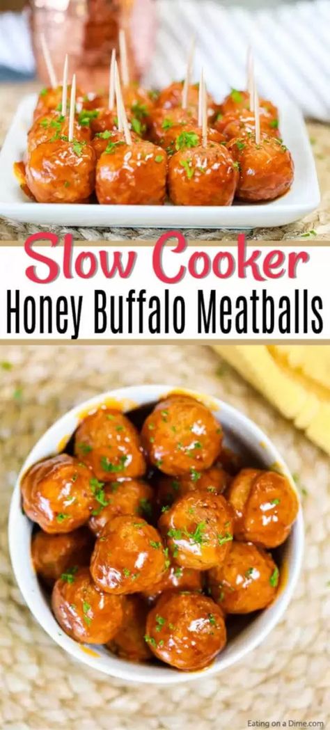 Honey Buffalo Meatballs Crock Pot, Crock Pot Chicken Meatballs, Crock Pot Meatballs Appetizers, Crock Pot Appetizer Recipes, Honey Buffalo Meatballs, Honey Buffalo Chicken, Nye Appetizers, Buffalo Meatballs, Chicken Meatballs Recipe