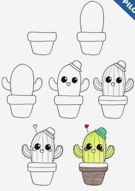 Trin For Trin Tegning, Doodle Art For Beginners, How To Draw Cute, Cactus Drawing, Drawing Lessons For Kids, Draw Cute, Easy Drawing Tutorial, Drawing Tutorials For Kids, Easy Drawings For Kids