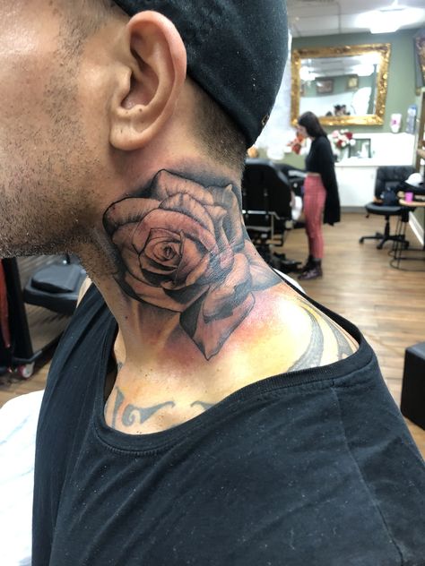 Black and grey rose neck tattoo Red Rose Neck Tattoo, Rose Neck Tattoo Men, Rose Tattoo On Neck, Neck Rose Tattoo, Rose Tattoo Neck, Rose Neck Tattoo, Black And Grey Rose, Neck Tattoo For Guys, Rose Tattoos