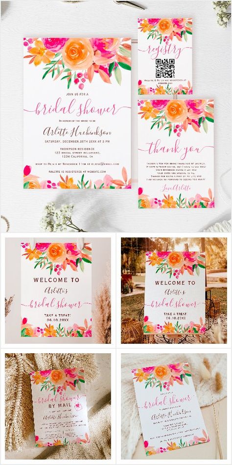 Citrus And Flowers, Green Flowers Bouquet, Bridal Shower By Mail, Bright Wedding Invitations, Orange And Pink Wedding, Bridesmaid Brunch, Pink And Green Flowers, Floral Wedding Stationery, Shower By Mail