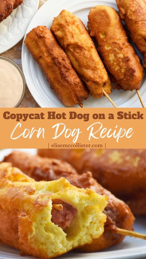 Copycat Hot Dog on a Stick Corn Dog Recipe » Elise McCollister Corn Dog Batter, Corn Dog Recipe, Hot Dog On A Stick, Corndog Recipe, Deep Fried Appetizers, Hot Dogs Recipes, Real Honey, Beef Hot Dogs, Batter Recipe