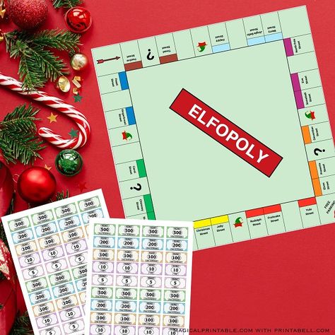 Monopoly Game Board, Printable Money, Peanut Baby Shower, Holiday Baby Shower, Elf Props, Elf Activities, Baby Shower Tags, Monopoly Game, Party Printables Free